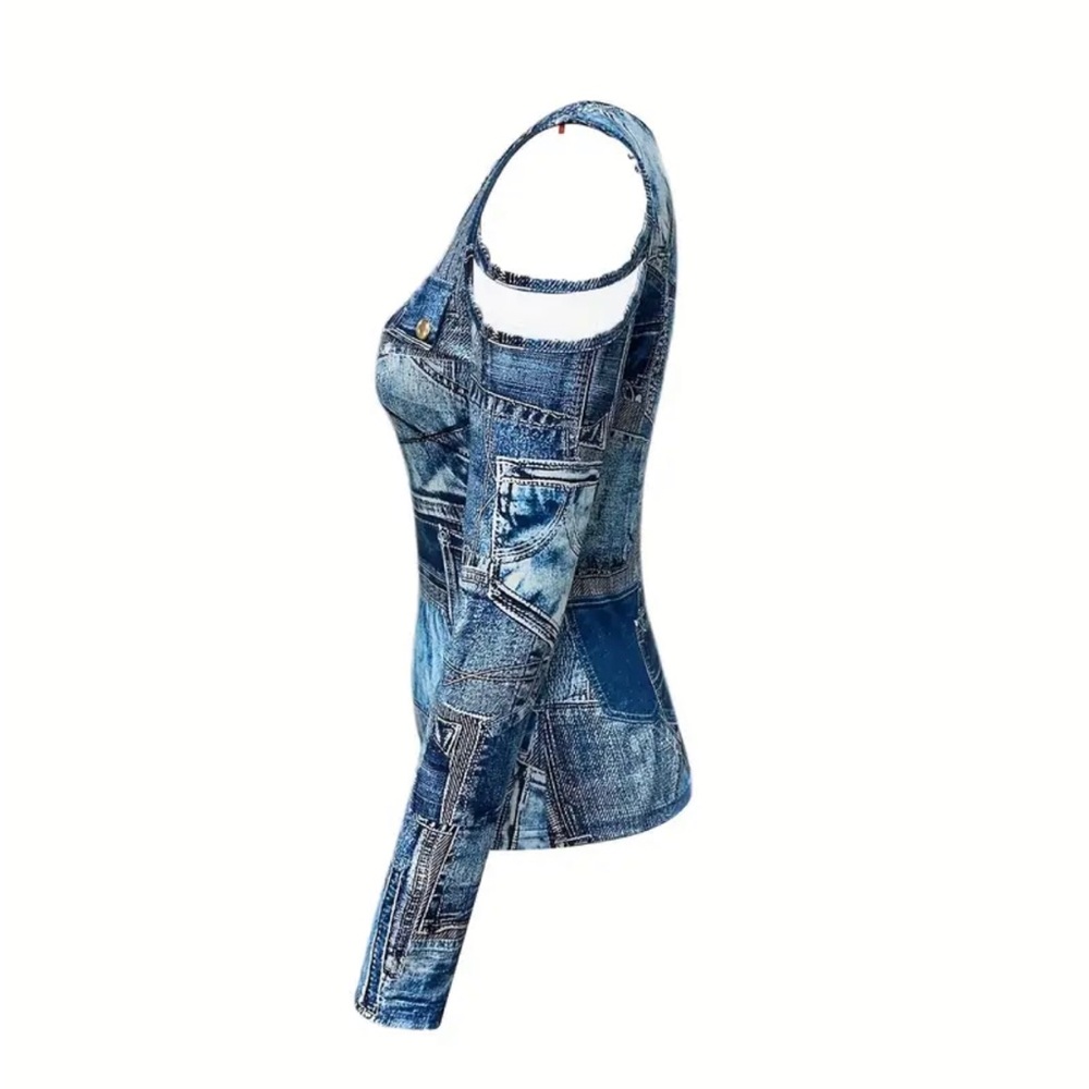 Stylish Blue Denim Print Cold Shoulder Top - Picture 2 of 4
